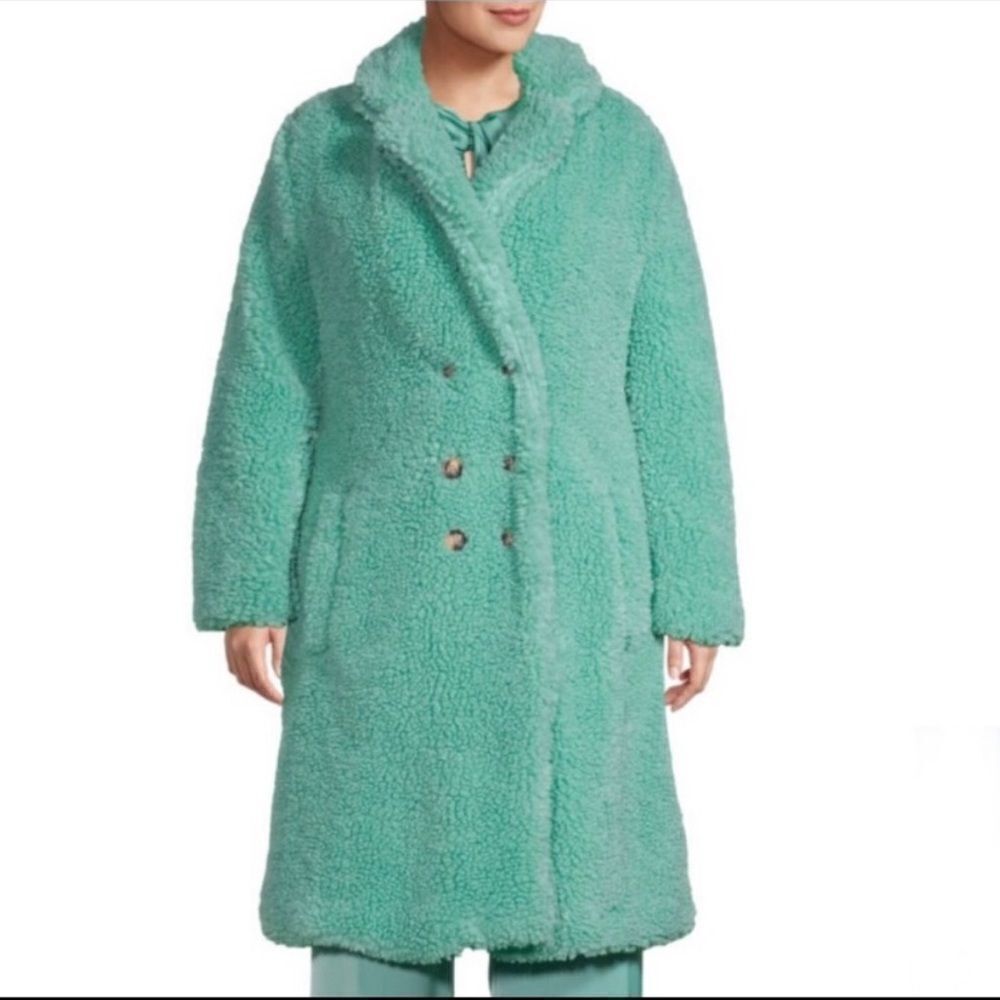 Worthington SeaFoam Green Blue Faux Fur Teddybear Shearling Double Breasted Coat